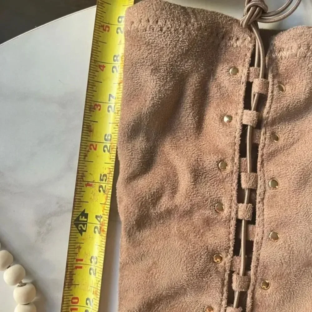 Vintage Camel Suede High Heel Over the Knee Boots Lace Up Back Side Zip 9